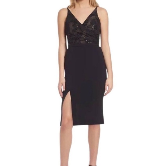🥒 Dress the Population Giulia Black Lace Sequin Cocktail Mini Midi LBD Dress M - Picture 13 of 13